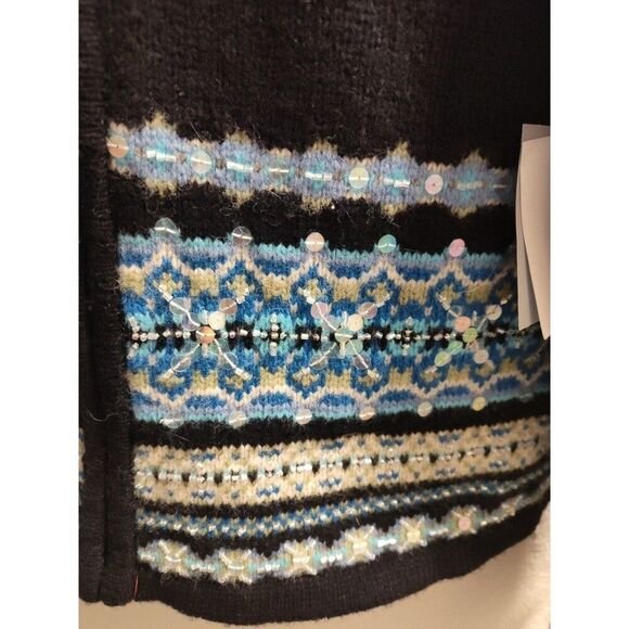 Frost Women's Large Cardigan Sweater Wool Zip Front Black Blue Green Sequins - Picture 4 of 8